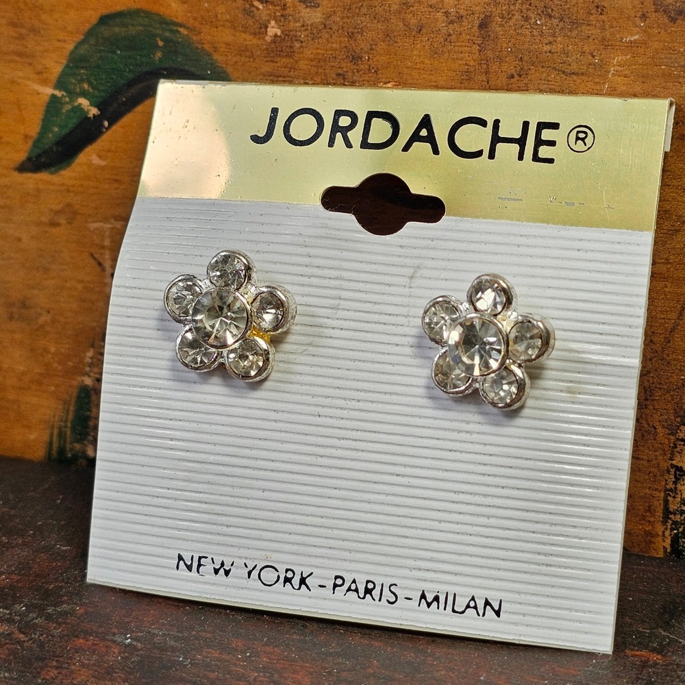 Silver Rhinestone Flower Studs Earrings Womens OS Vintage Floral Sparkl